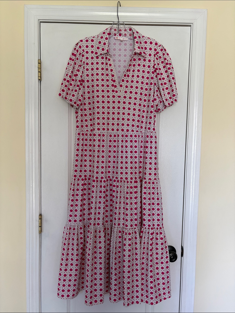 Jude Connally Portia Pink and White Collared Tiered Midi Dress